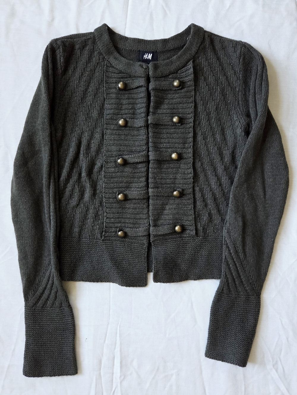 H&M Muted Army Green Military Style Knit Wool Angora Blend Cardigan Sweater